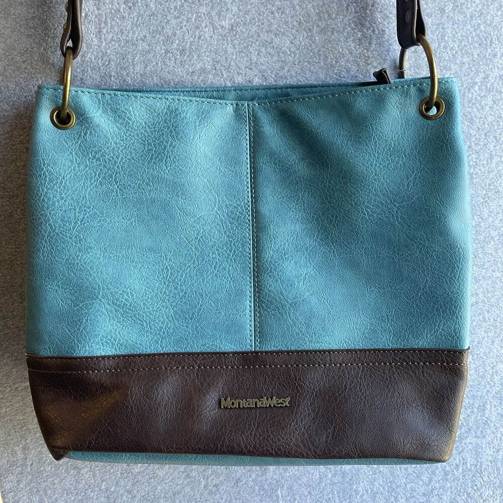 New Montana West Turquoise & Brown Shoulder Hobo Bag Vegan Leather Brass Hardwar